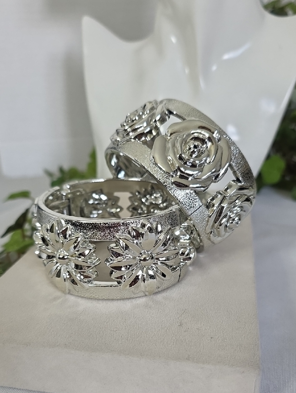 3D Molded Floral Hinged Bangles Silver Metallic Finish Rose & Sunflower Bracelet